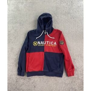 Nautica Hoodie Mens Small Red Blue Spell Out Designer Logo Colorblock NY NJ